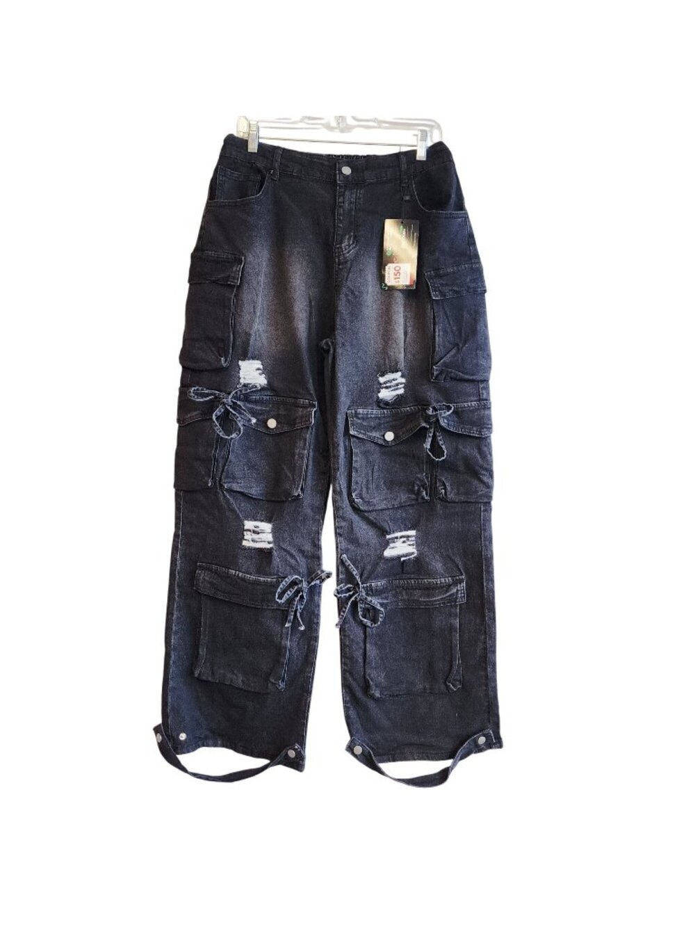Black Distressed Womens Cargo JeansMultiple Pockets & Adjustable Straps Large